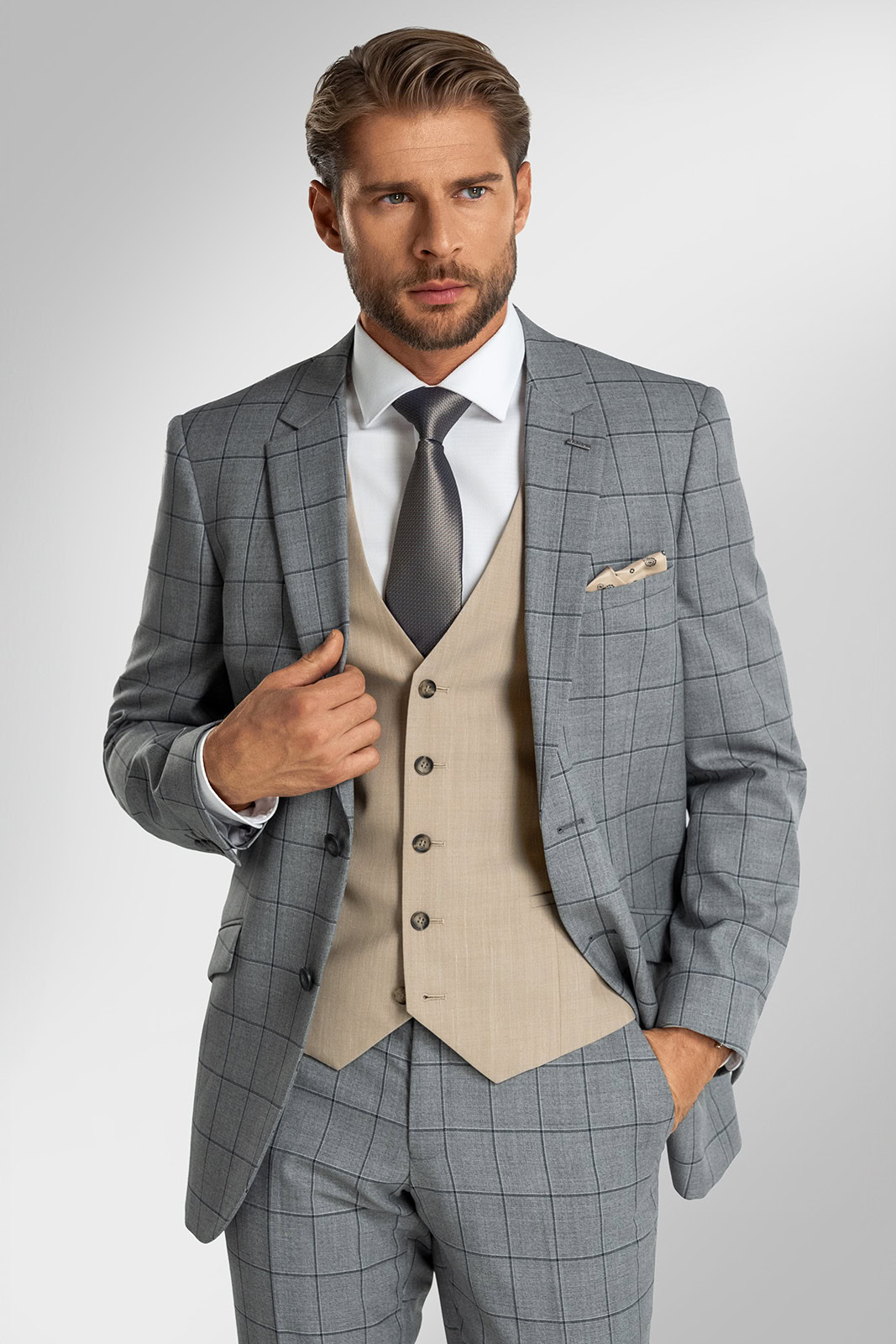 Šedý kostkovaný oblek BANDI